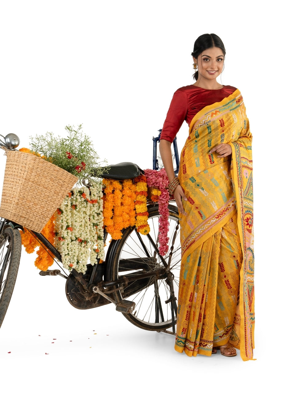 Yellow Multicoloured Floral and Geometric Kantha Stitched Saree