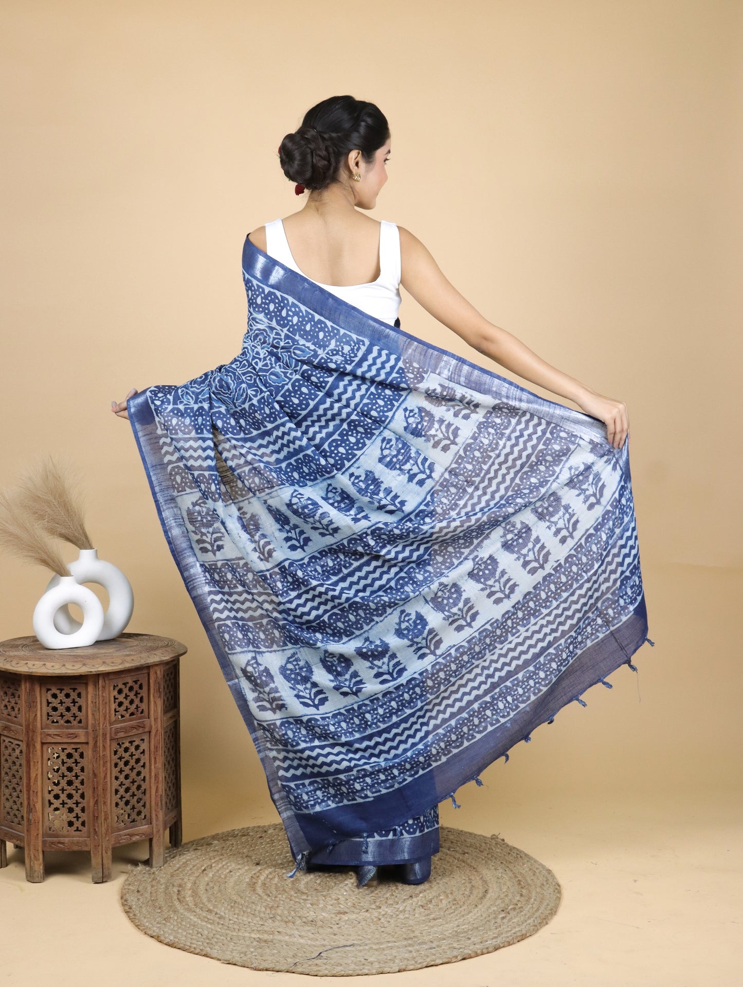 Indigo Hand Block Printed Cotton Linen Saree