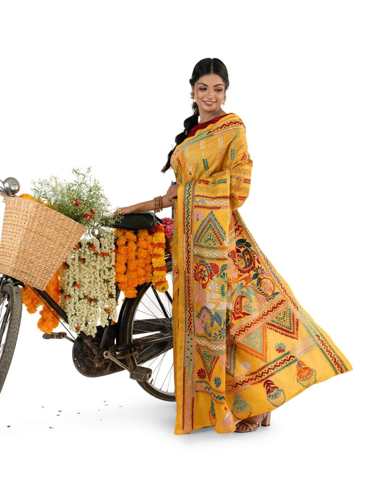 Yellow Multicoloured Floral and Geometric Kantha Stitched Saree