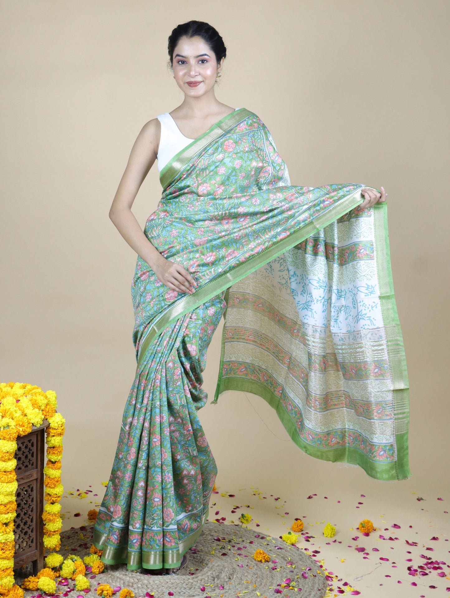 Green Blended Maheshwari Silk With Sanganeri Block Prints
