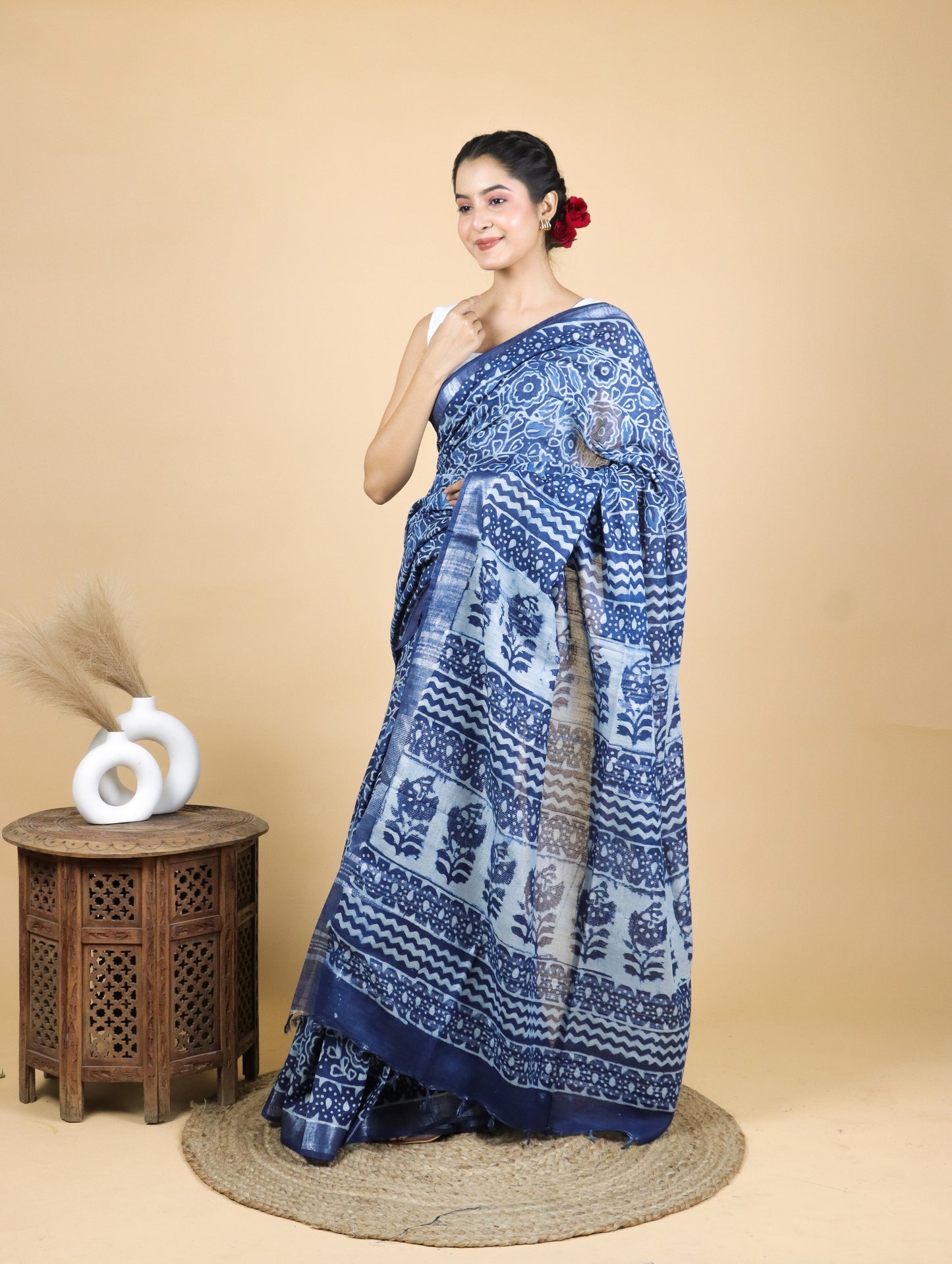 Indigo Hand Block Printed Cotton Linen Saree