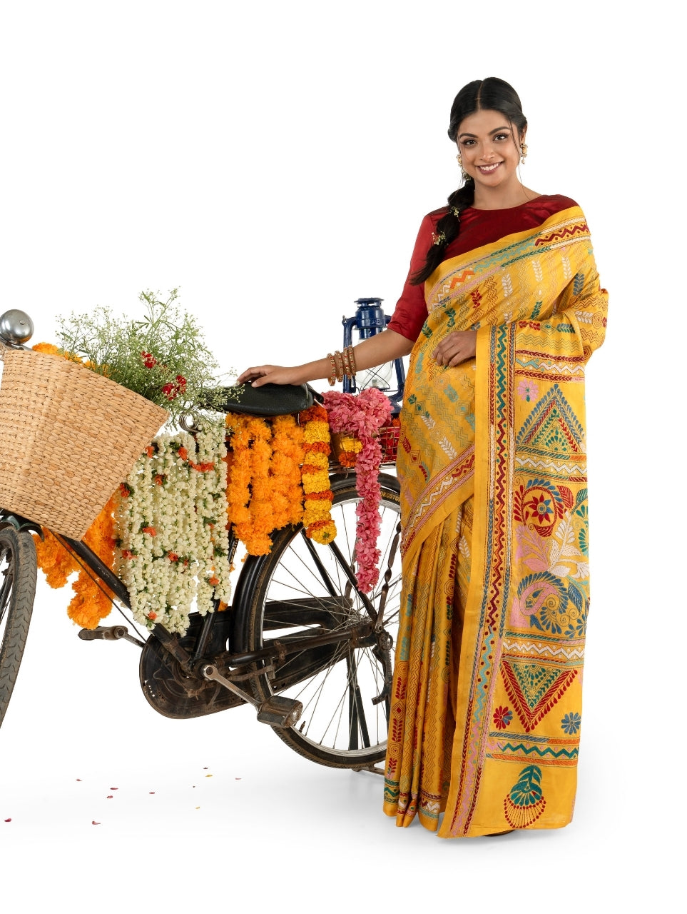 Yellow Multicoloured Floral and Geometric Kantha Stitched Saree