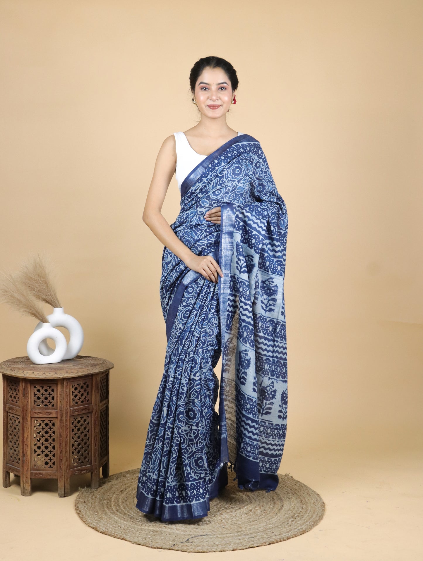 Indigo Hand Block Printed Cotton Linen Saree