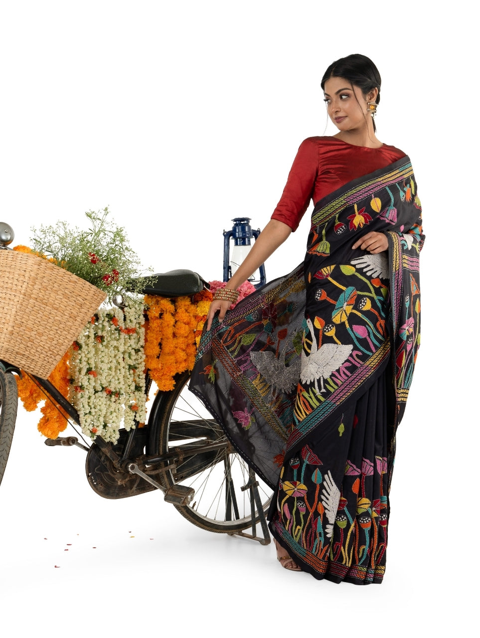 Black Multicolored Kantha Stitched Saree with Floral and Bird Motiffs