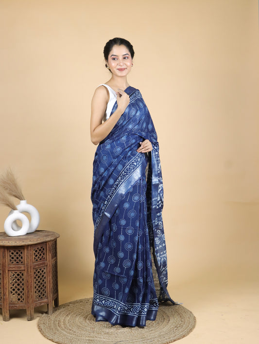 Indigo Hand Block Printed Cotton Linen Saree With Circular Prints