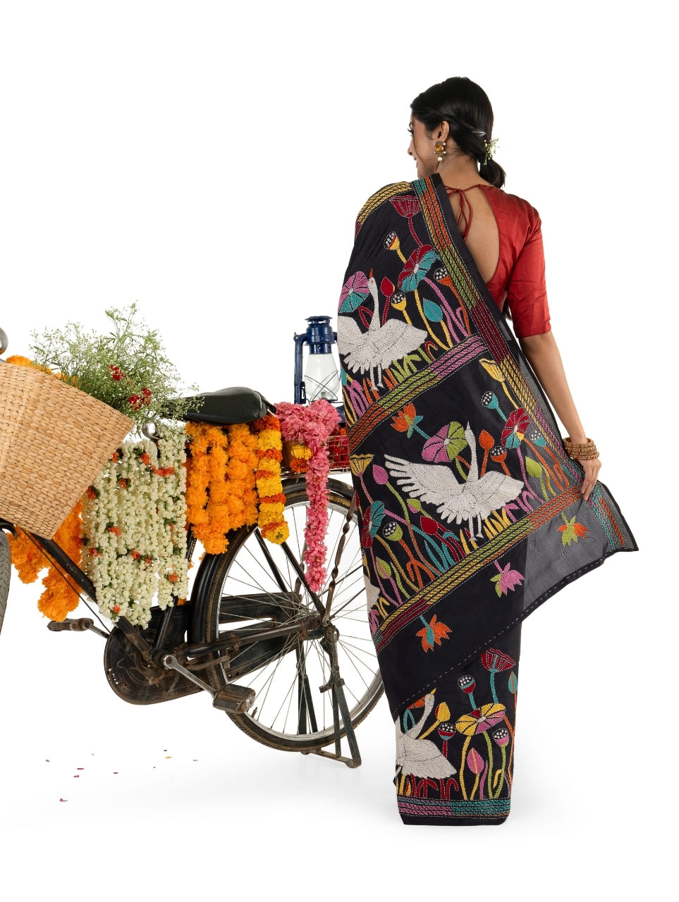 Black Multicolored Kantha Stitched Saree with Floral and Bird Motiffs