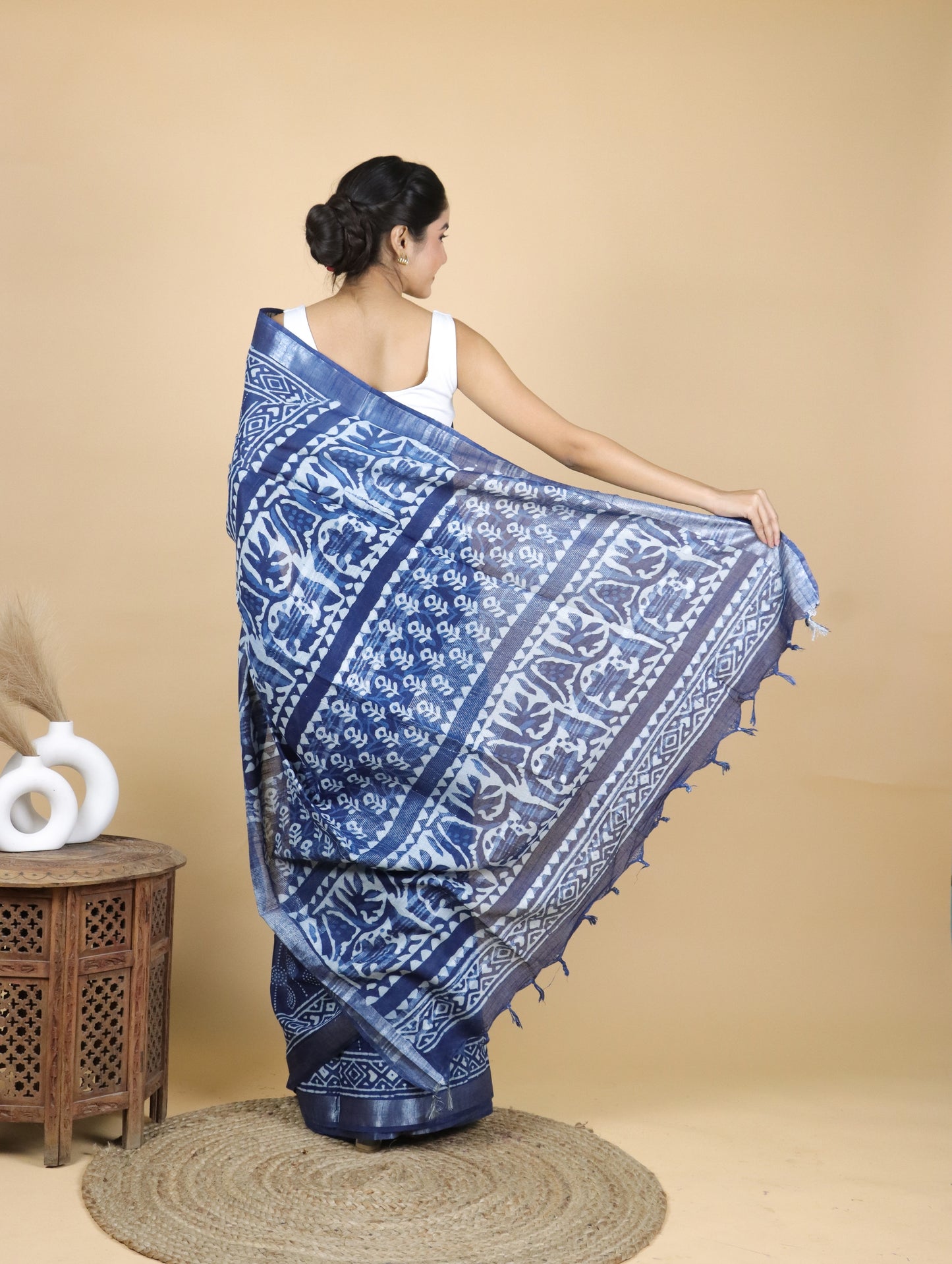 Indigo Hand Block Printed Cotton Linen Saree With Circular Prints