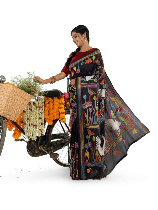 Black Multicolored Kantha Stitched Saree with Floral and Bird Motiffs