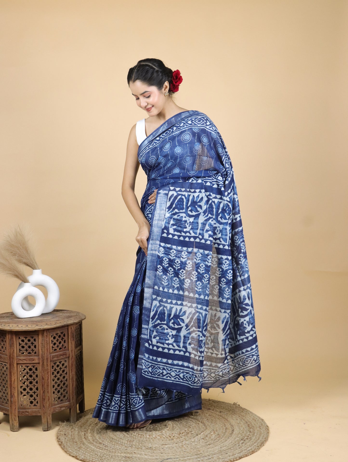 Indigo Hand Block Printed Cotton Linen Saree With Circular Prints