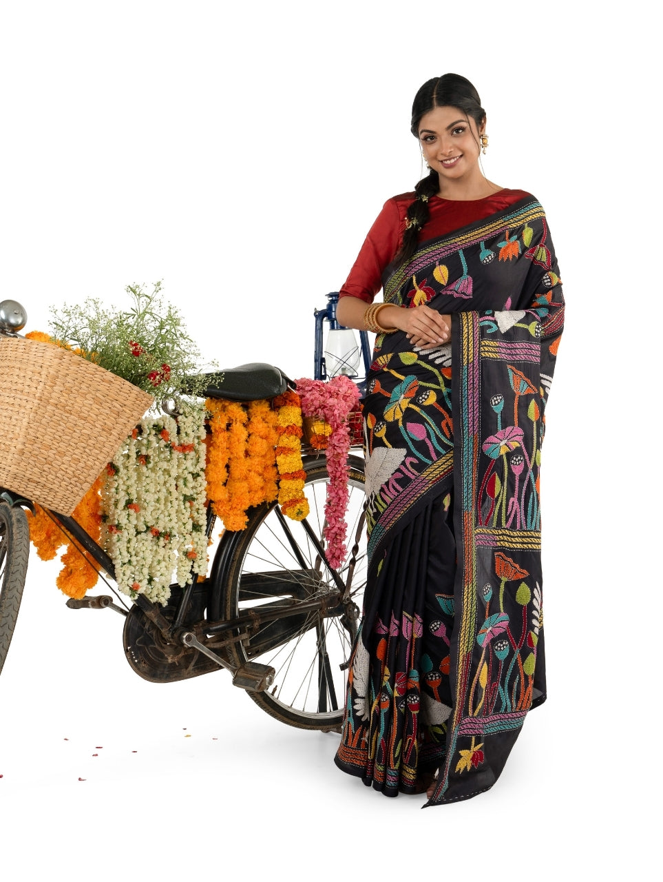 Black Multicolored Kantha Stitched Saree with Floral and Bird Motiffs