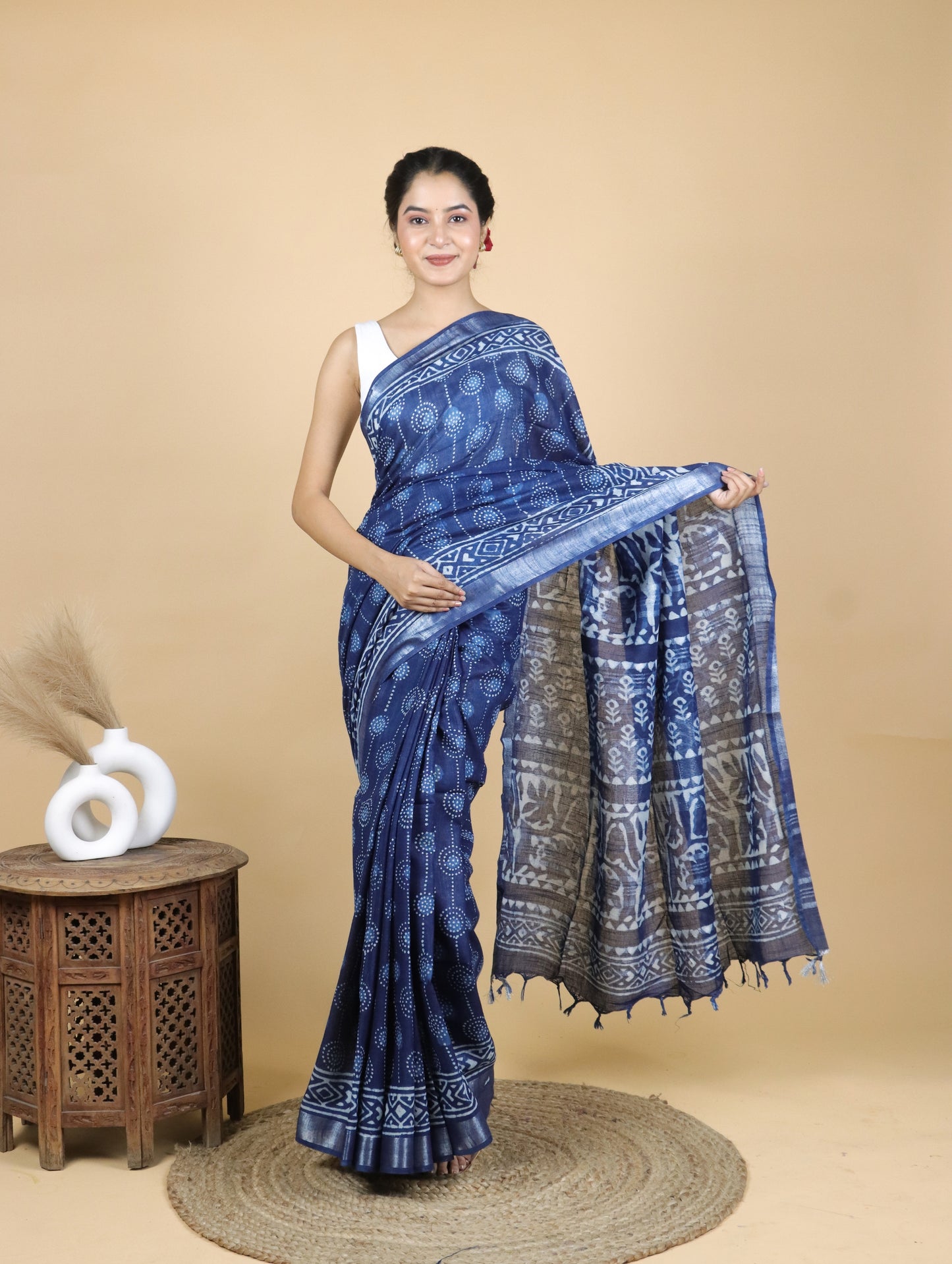 Indigo Hand Block Printed Cotton Linen Saree With Circular Prints