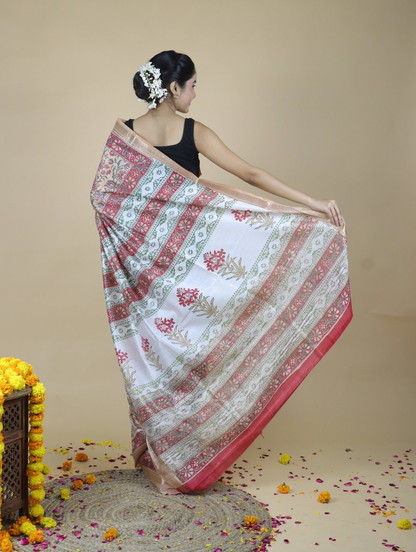 Rose Gold Blended Maheshwari Silk With Sanganeri Block Prints