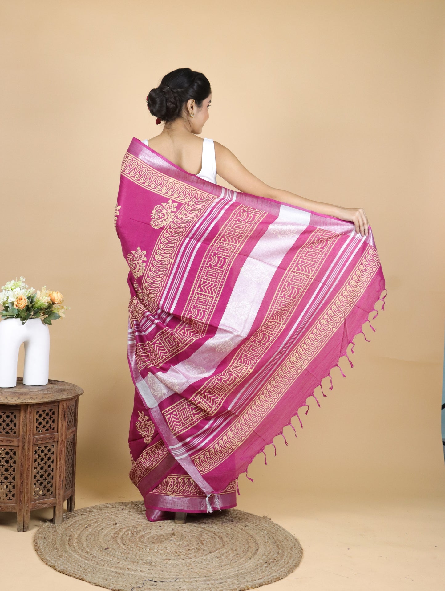 Beautiful Pink Hand Block Printed Cotton Linen Saree