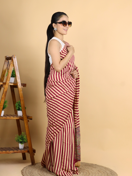 Maroon and Beige Striped Ajrak Block Printed Modal Silk Saree