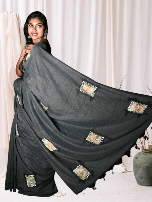 Grey Handloom Handpainted Saree