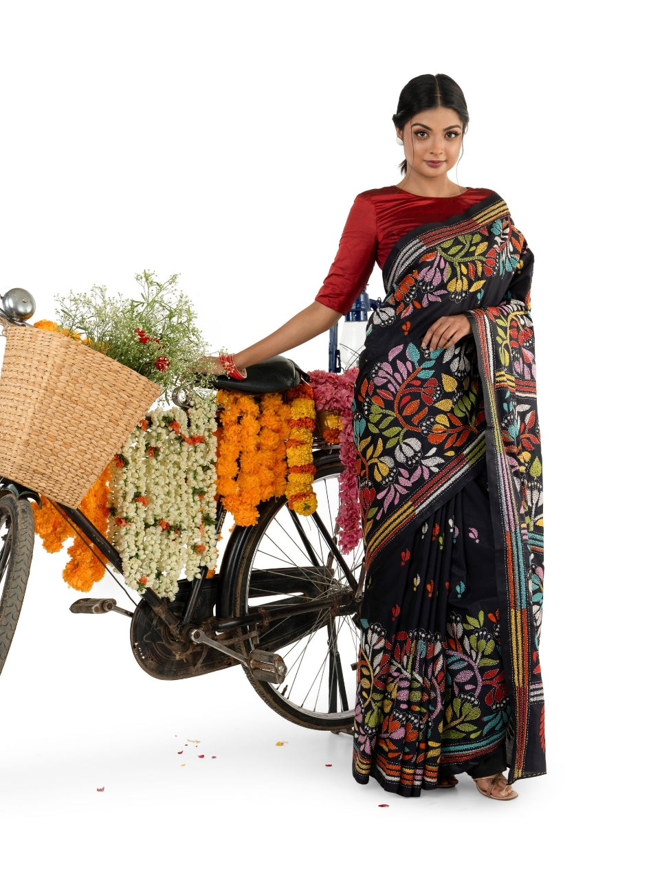 Black Multicoloured Exquisite Kantha Stitched Saree