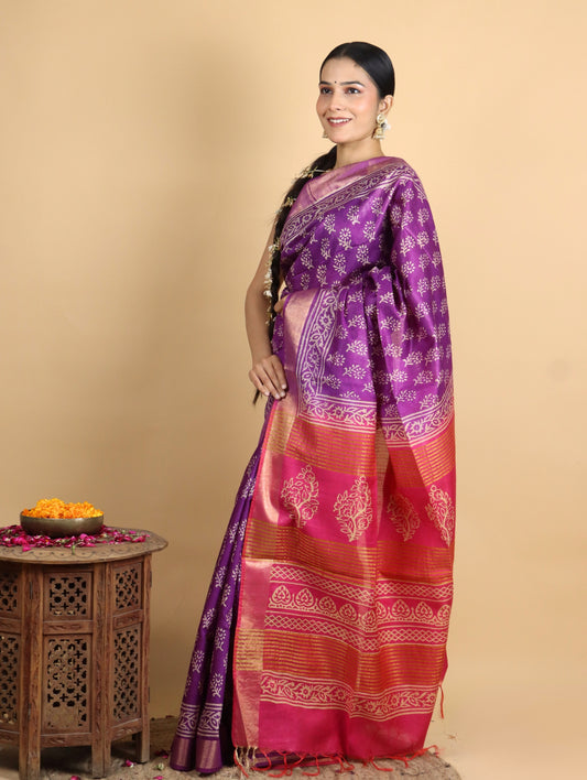 Purple and Pink Baffta Tussar Block Printed Saree