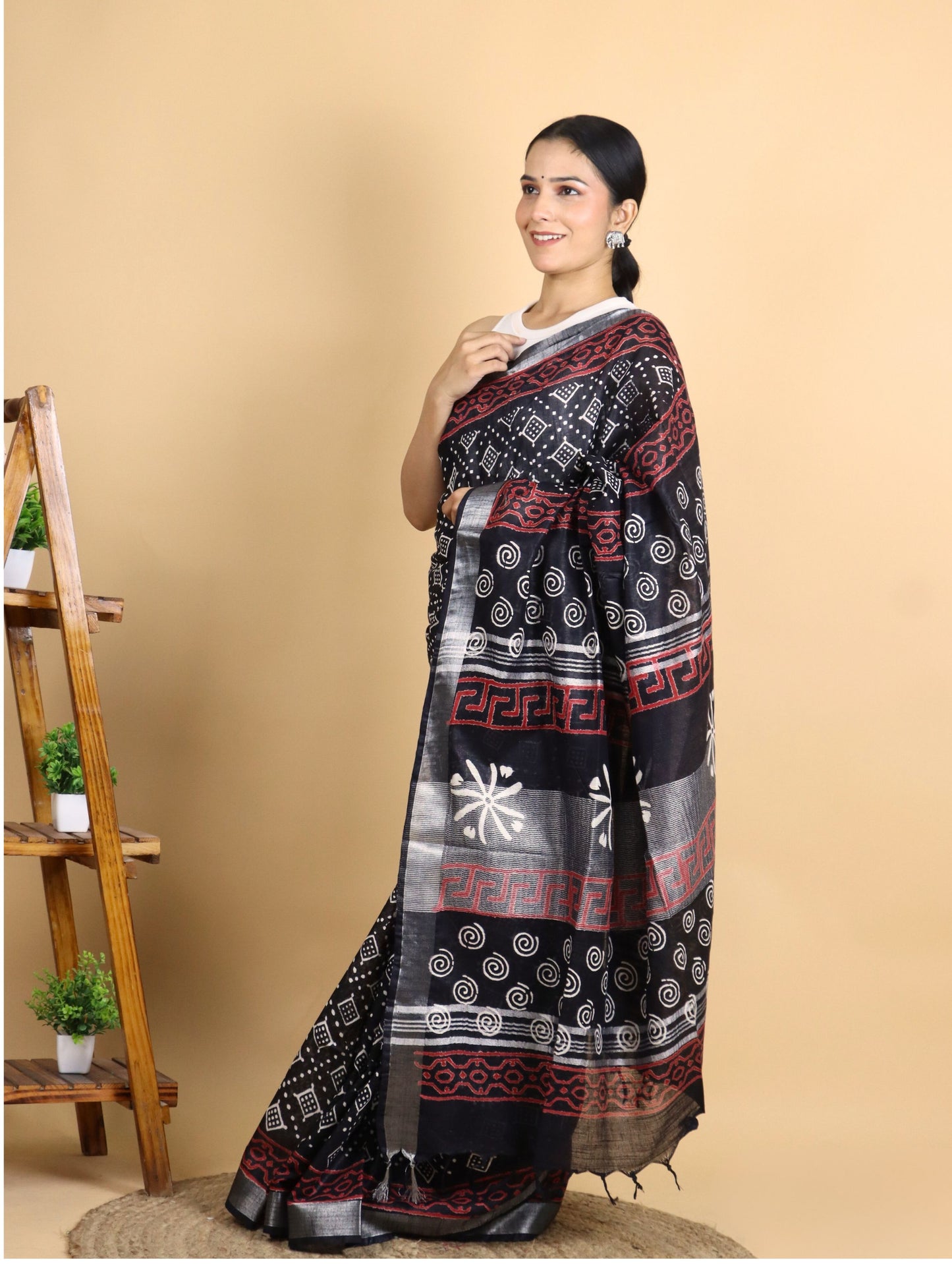 Black Cotton Linen Block Printed Saree with Diamond Motifs