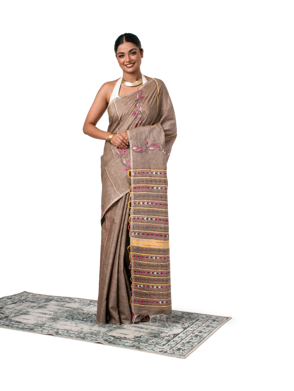 Light Brown Exquisite Khesh Kantha Stitched Saree