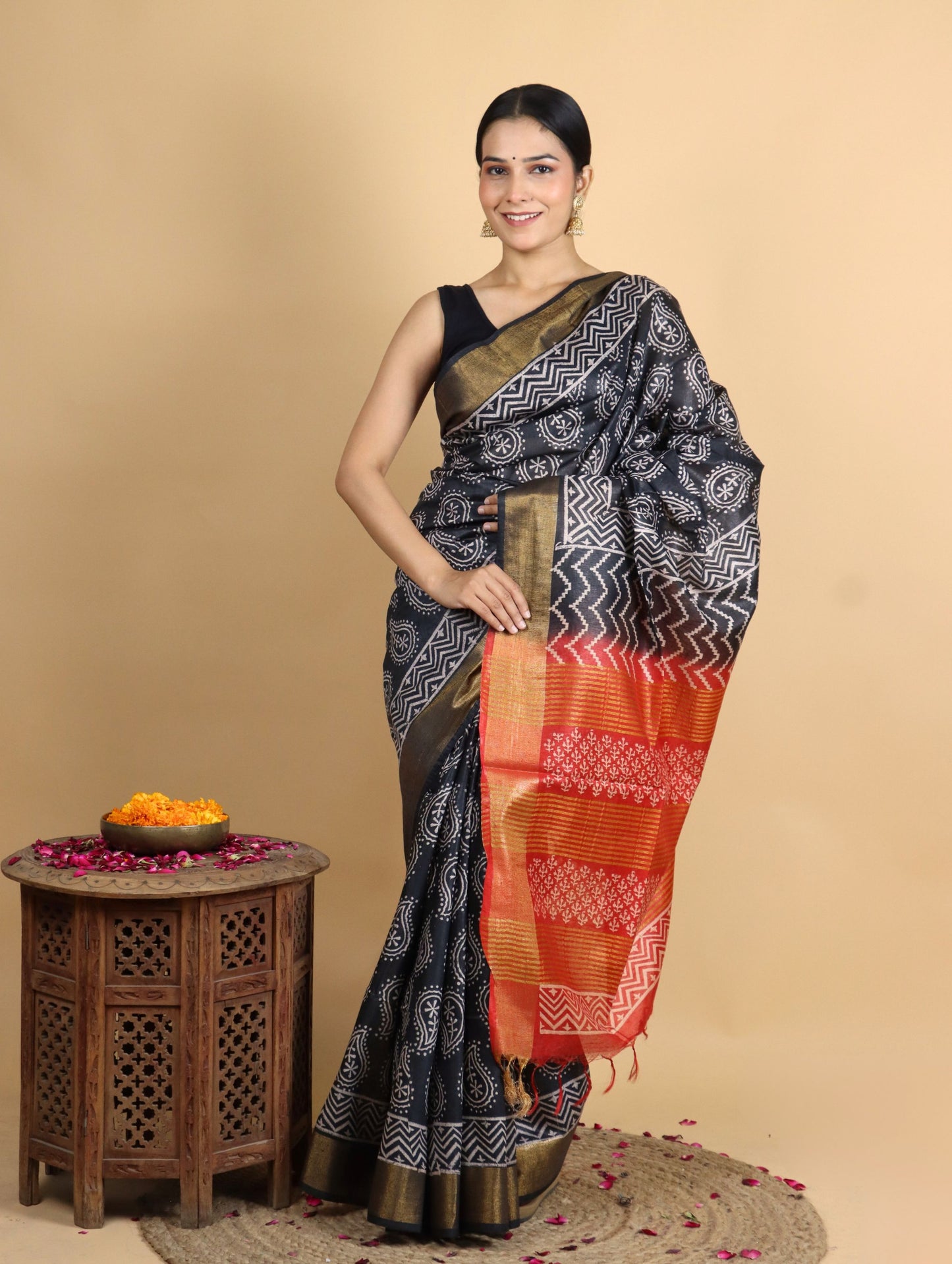 Black and Orange Baffta Tussar Block Printed Saree
