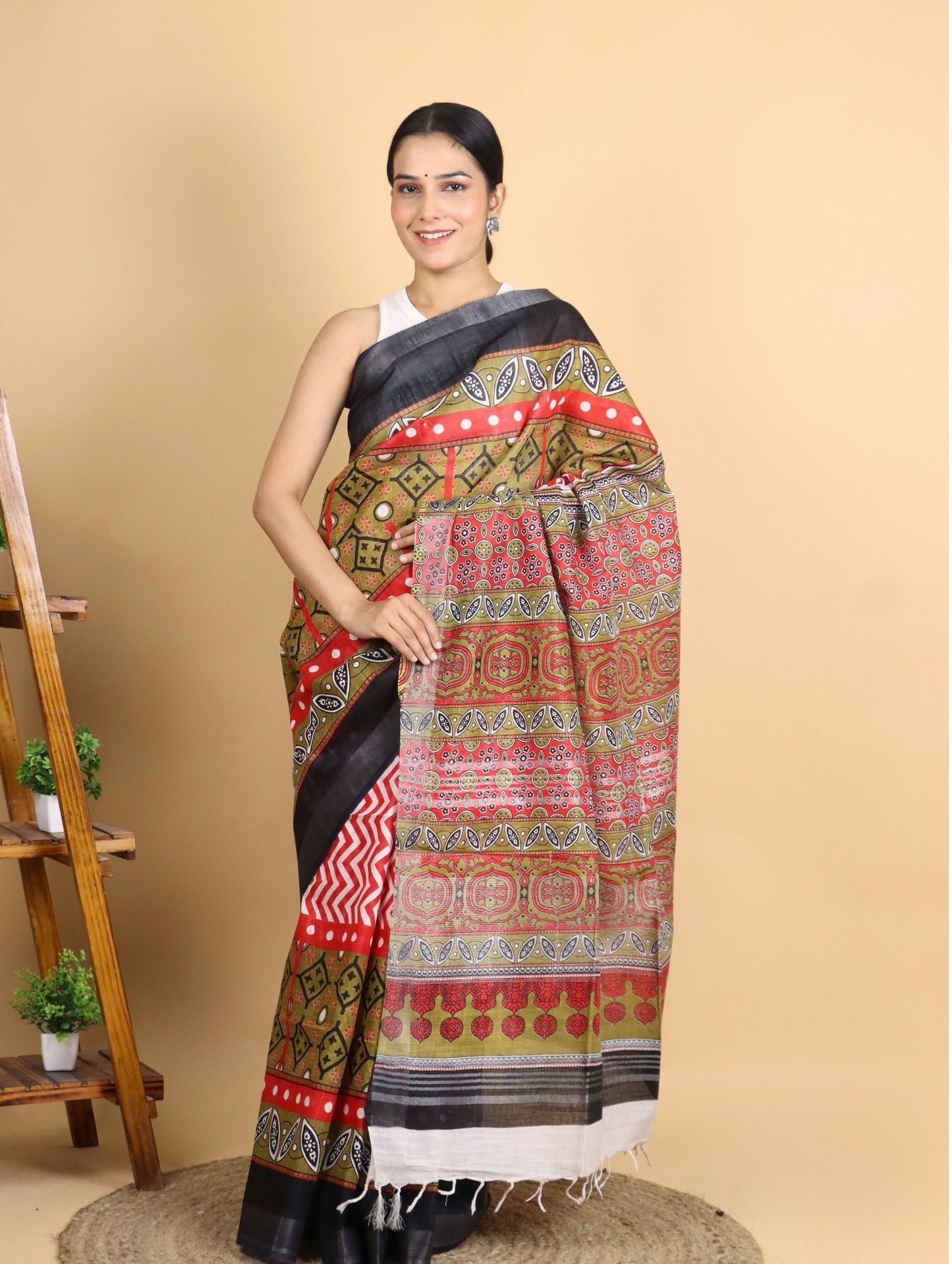 Multicolored Cotton Linen Block Printed Saree