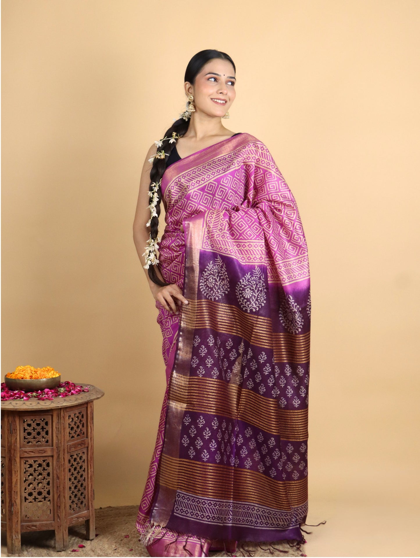 Dark Pink and Plum Baffta Tussar Block Printed Saree