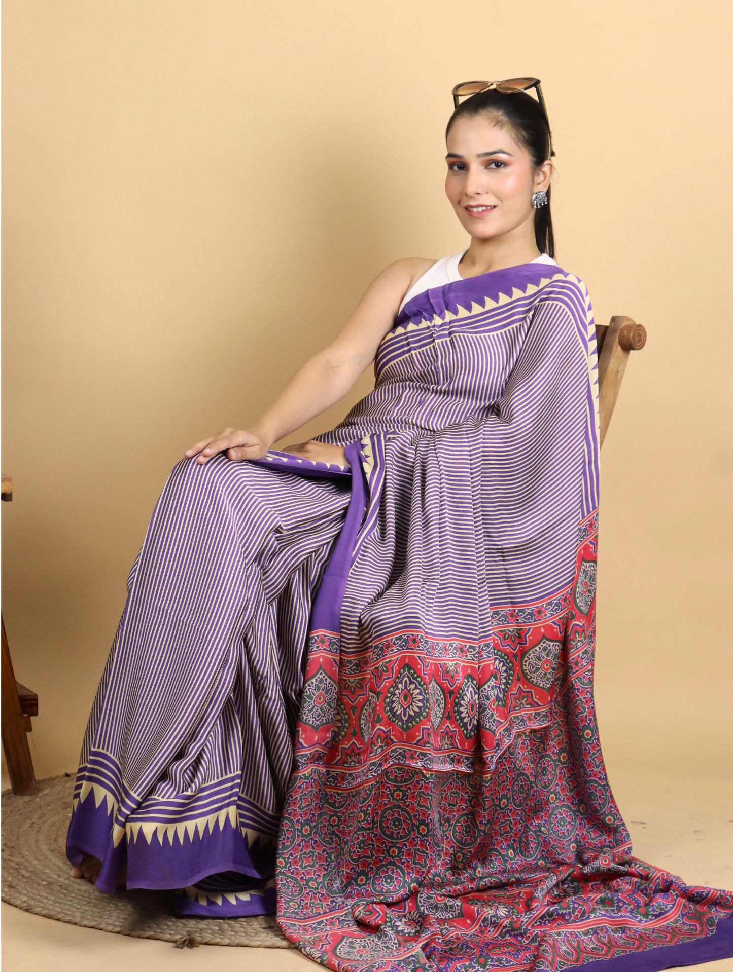 Violet Striped Ajrak Block Printed Modal Silk Saree