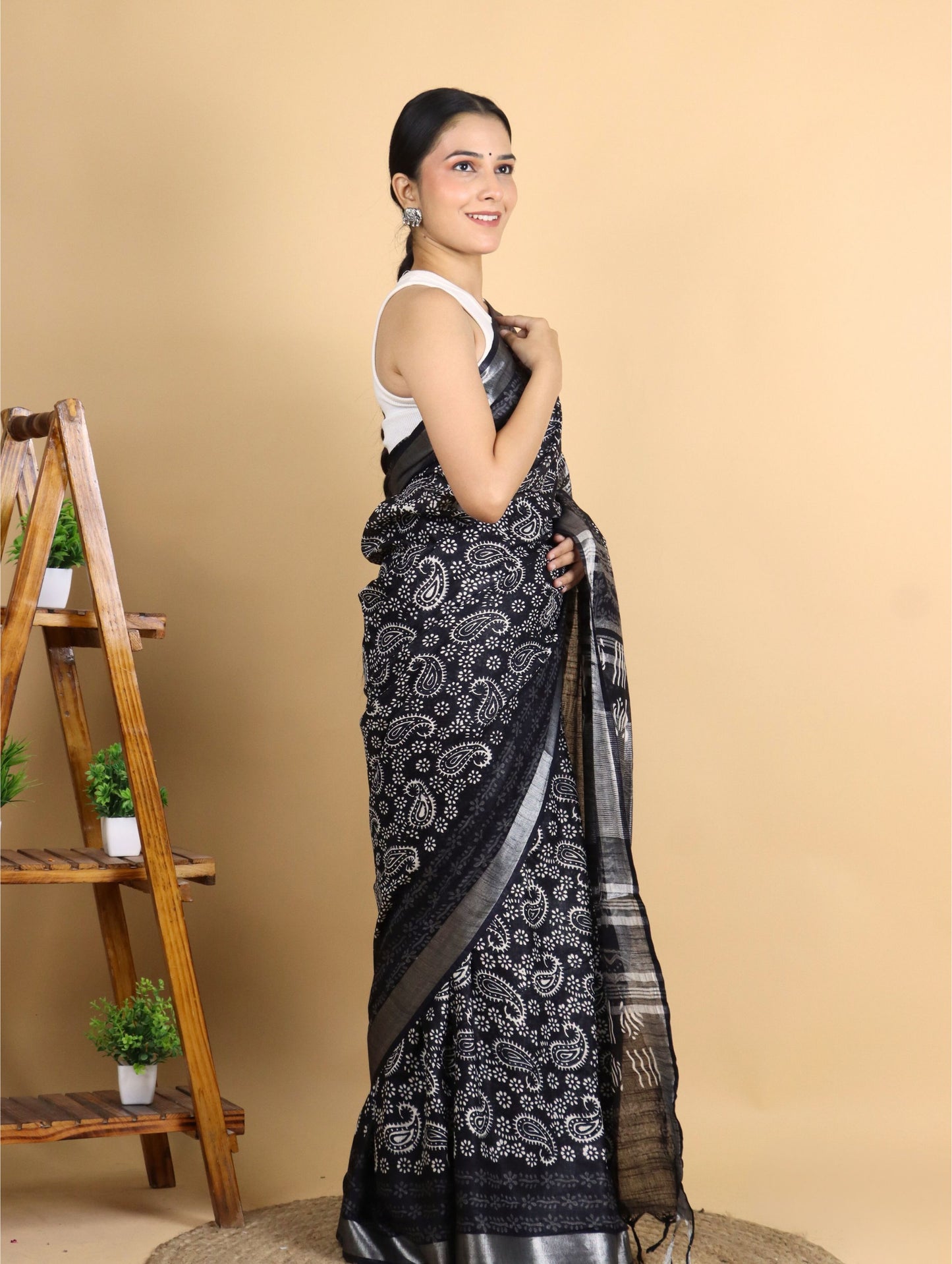 Black Cotton Linen Block Printed Saree with Mango Motifs