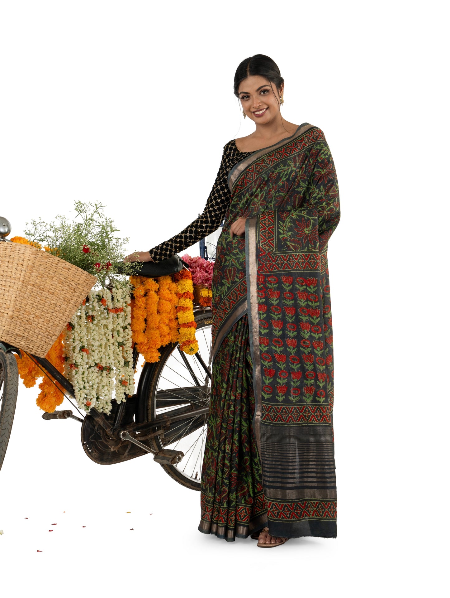 Dark Green Art Silk Crepe with all Over Floral Naptol BlockPrinted Saree