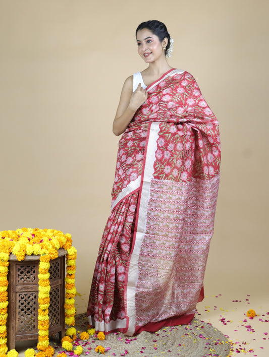 Red Blended Maheshwari Silk With Sanganeri Block Prints