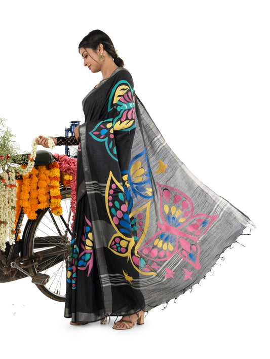 Black Cotton Linen All over HandPainted Saree