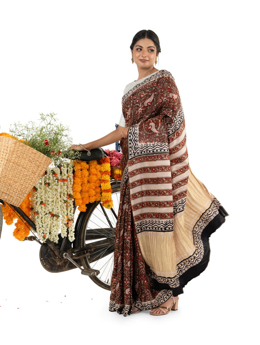 Brown and Beige Gajji Silk Bagru Printed Saree