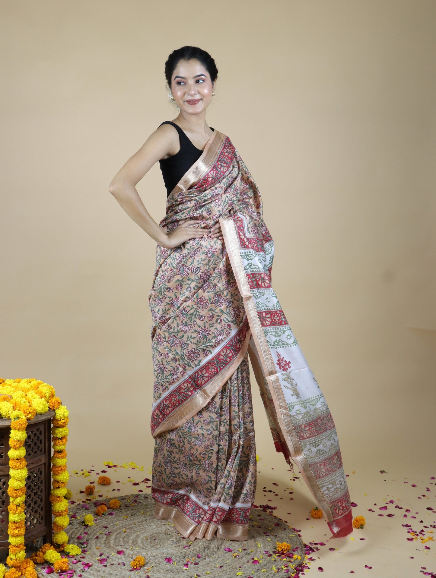 Rose Gold Blended Maheshwari Silk With Sanganeri Block Prints