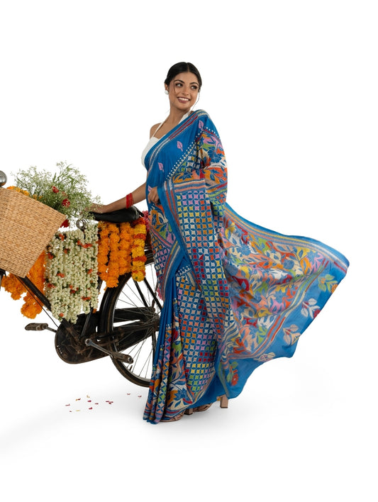 Blue Reverse Heavy Kantha Stitched Saree