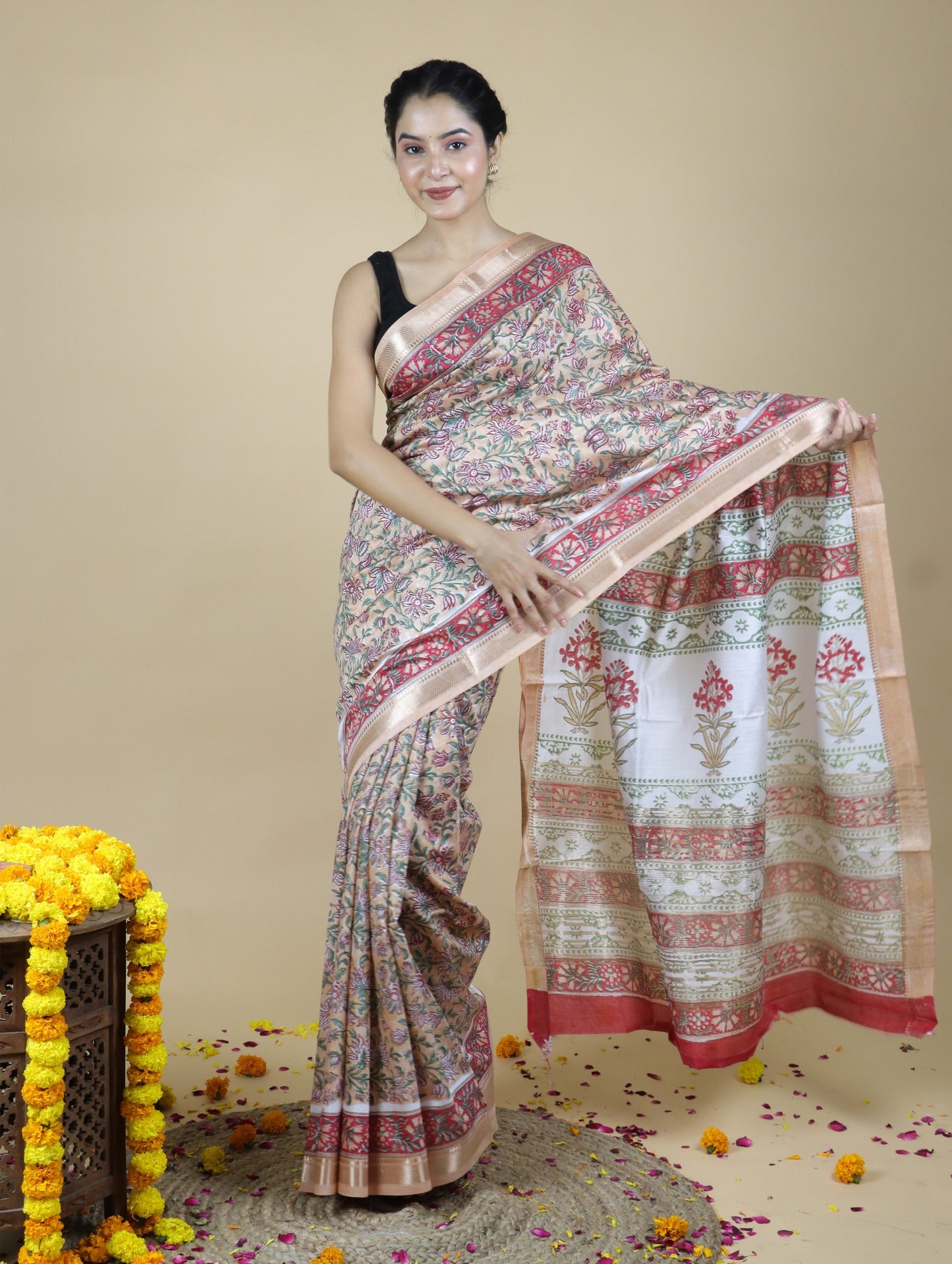 Rose Gold Blended Maheshwari Silk With Sanganeri Block Prints