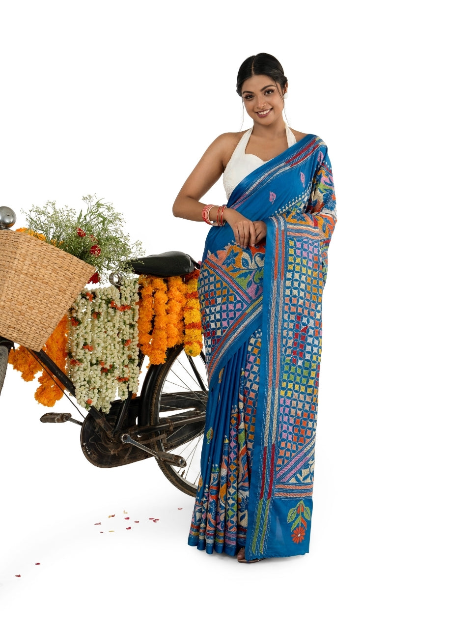 Blue Reverse Heavy Kantha Stitched Saree