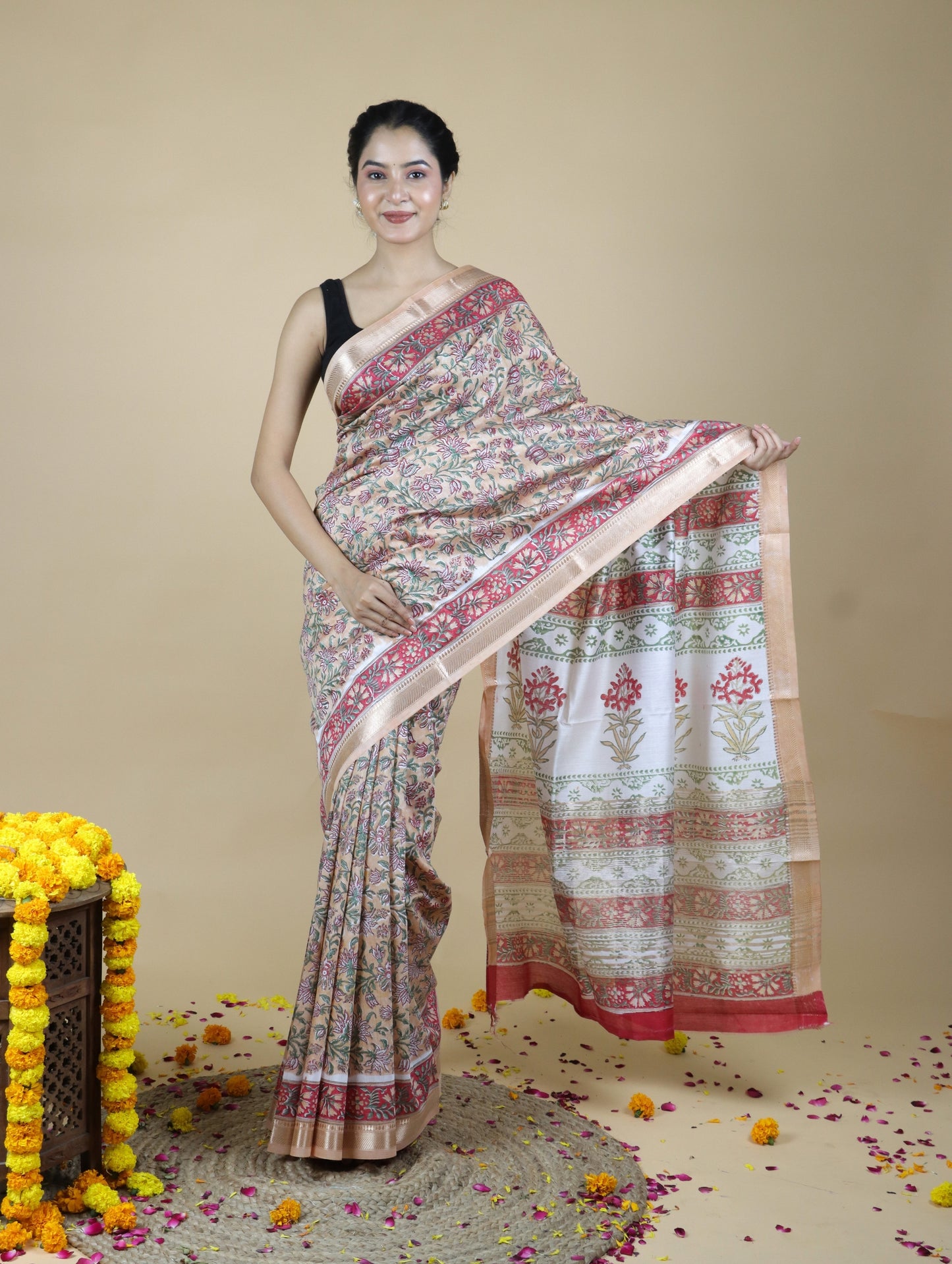 Rose Gold Blended Maheshwari Silk With Sanganeri Block Prints
