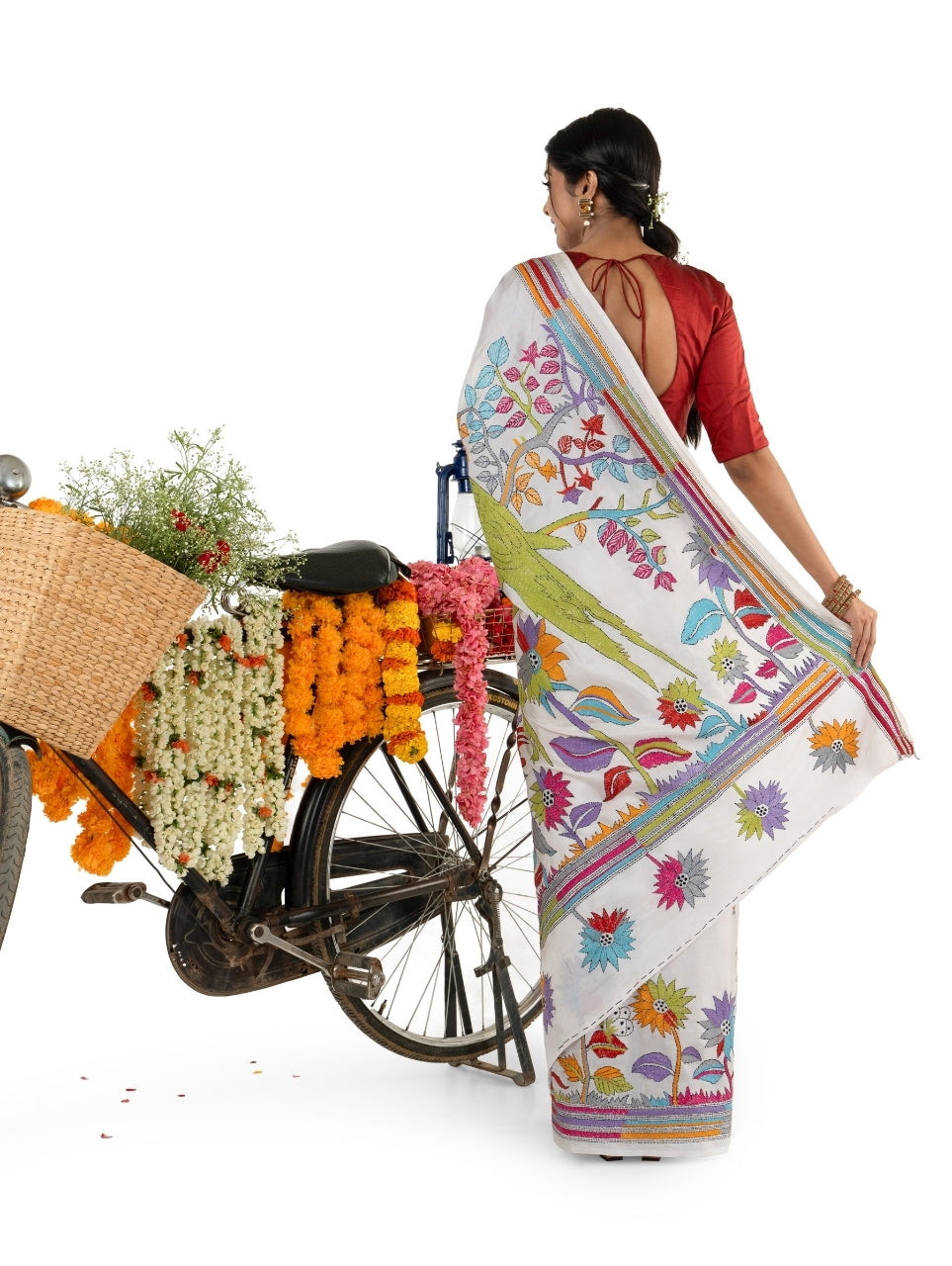 Pristine White Multicoloured Exquisite Kantha Stitched Saree