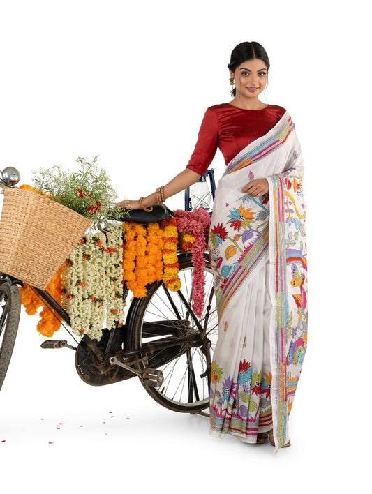 Pristine White Multicoloured Exquisite Kantha Stitched Saree