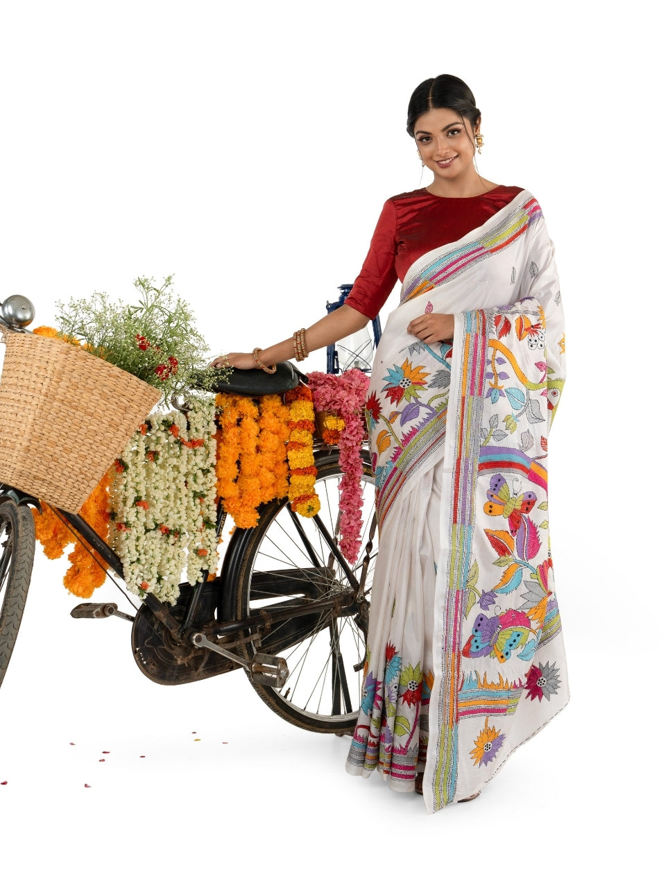 Pristine White Multicoloured Exquisite Kantha Stitched Saree