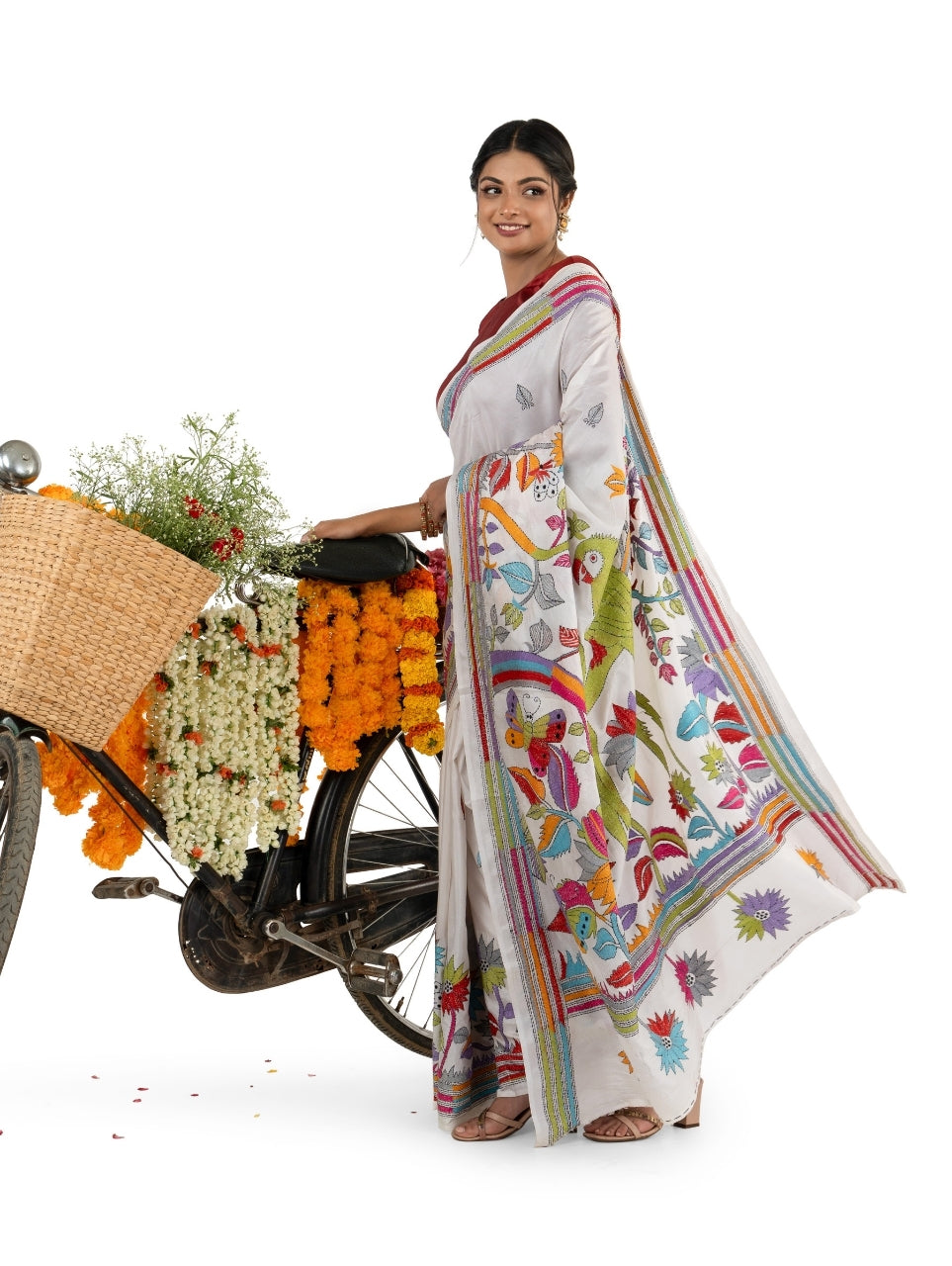 Pristine White Multicoloured Exquisite Kantha Stitched Saree