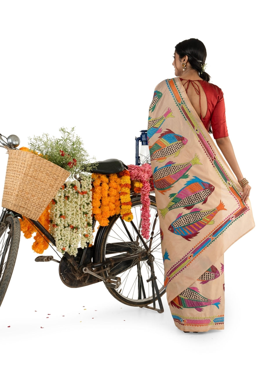 Beige Kantha Stitched Saree with Fish Motiff