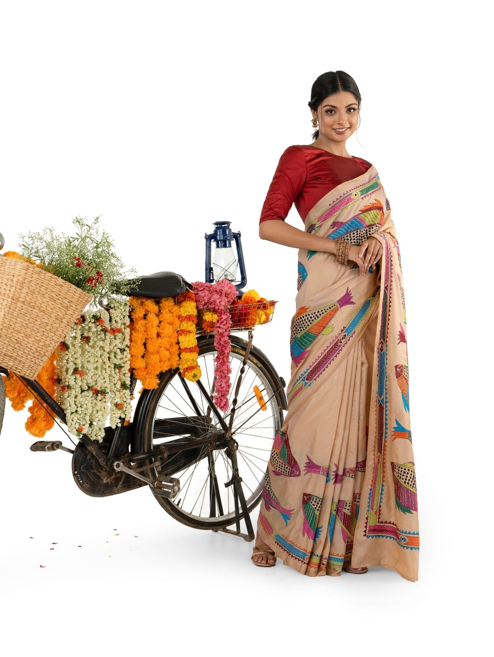 Beige Kantha Stitched Saree with Fish Motiff