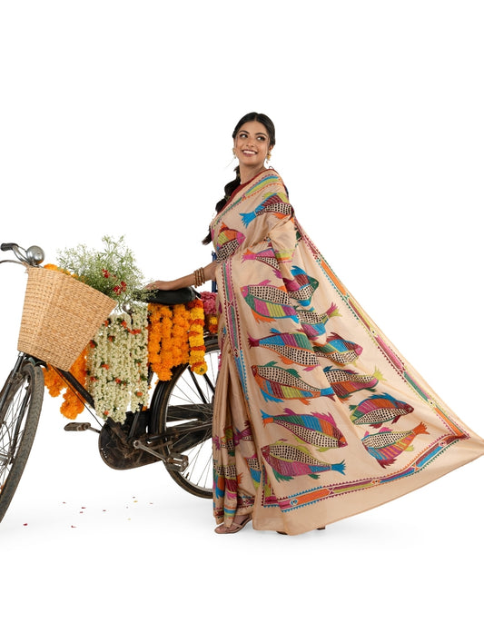 Beige Kantha Stitched Saree with Fish Motiff
