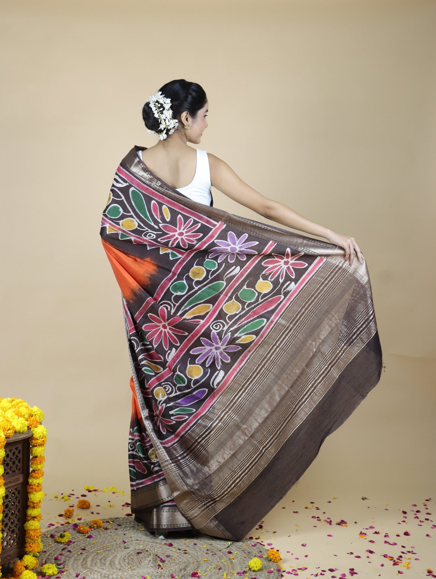 Orange and Brown Batik Print Maheshwari Silk Saree