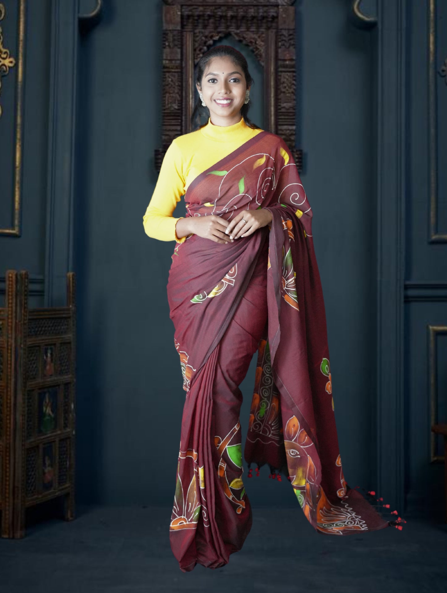 Maroon Handloom Handpainted Saree