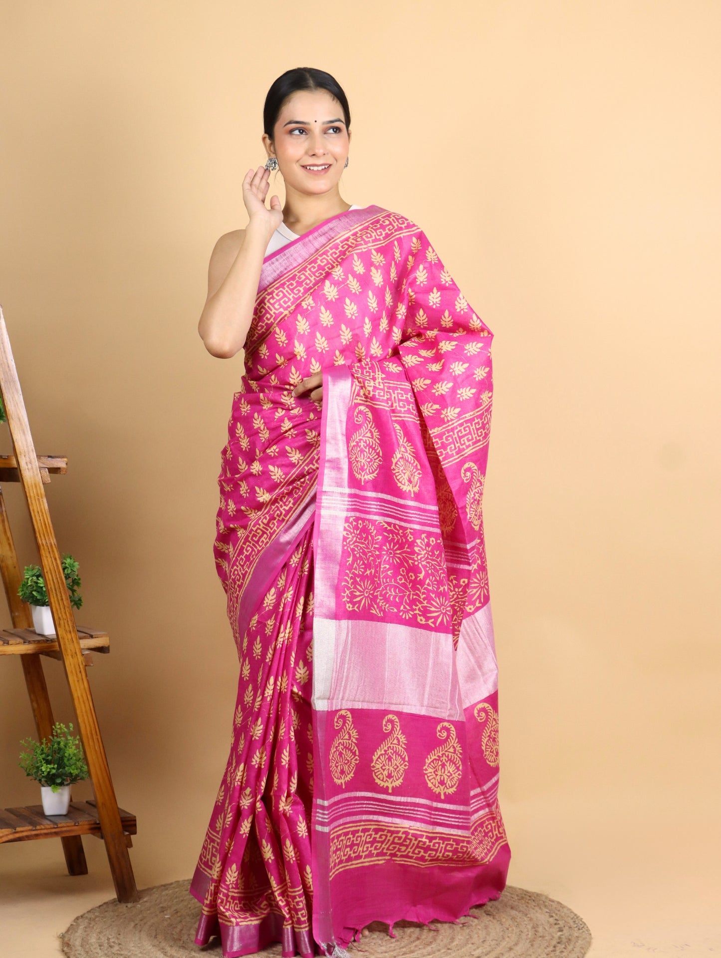 Pink Block Printed Cotton Linen Saree