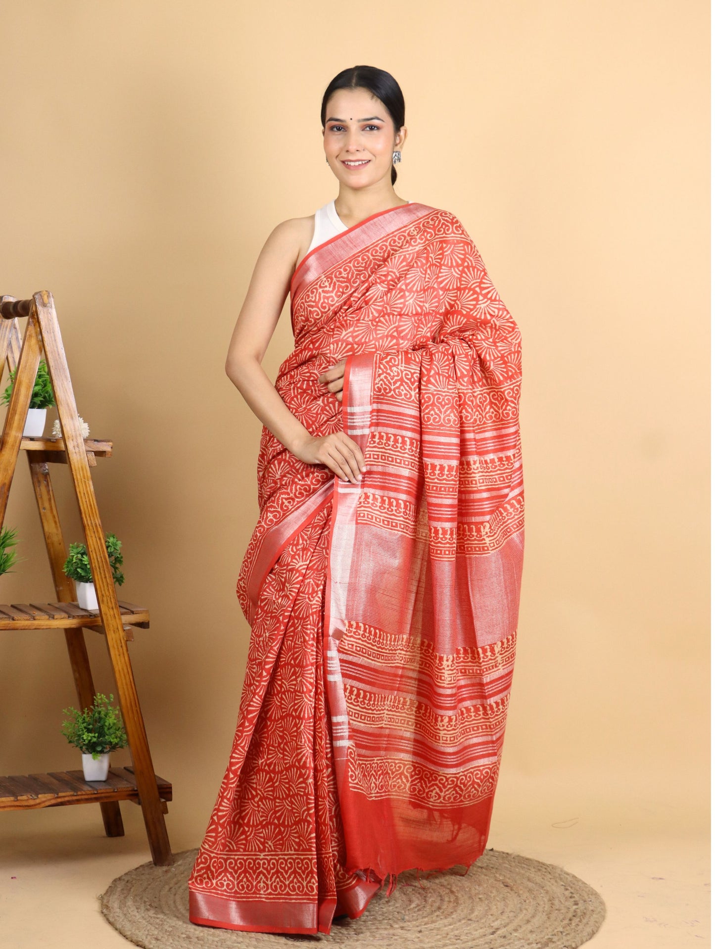 Orange Linen Block Printed Saree