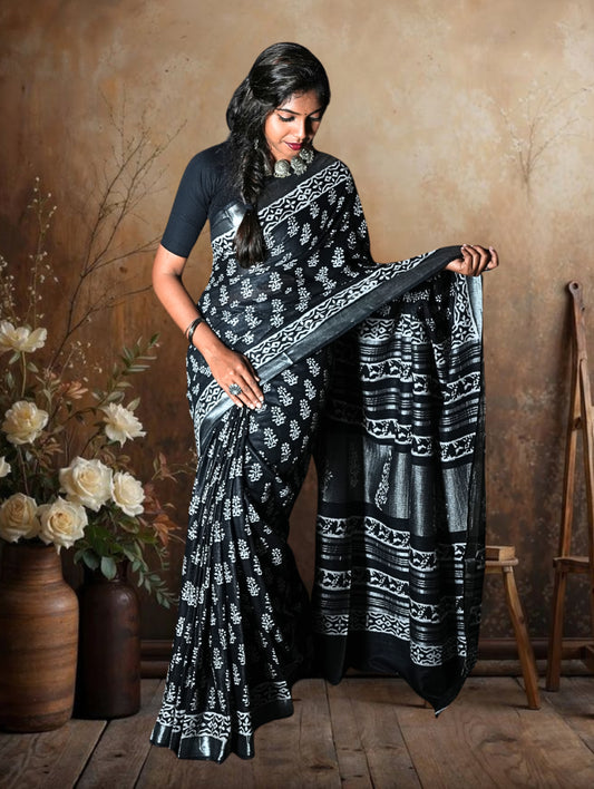 Black Cotton Linen Saree with Bagru Prints