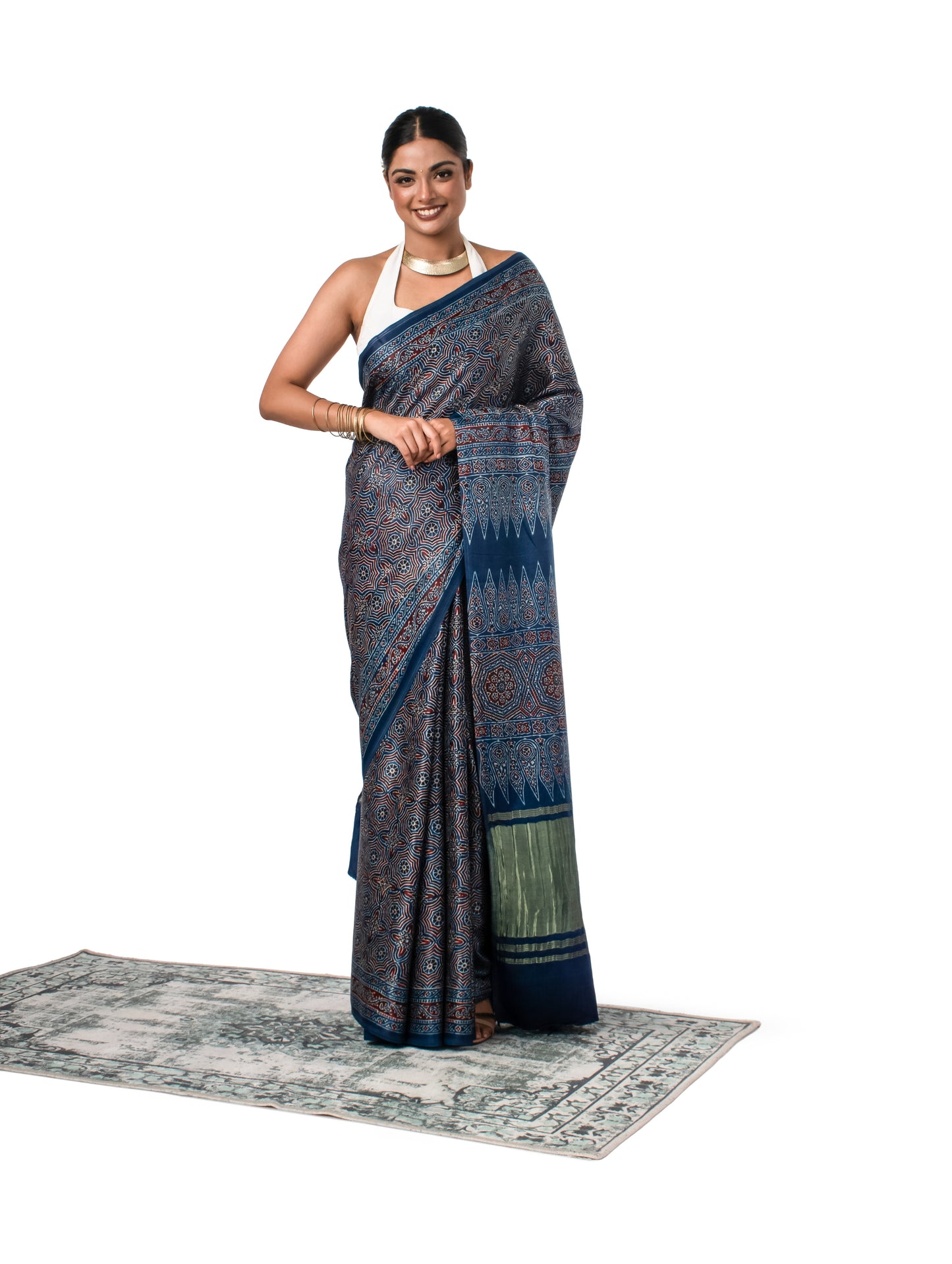Ajrak Printed Gajji Silk Indigo Coloured Saree with Geometric Prints